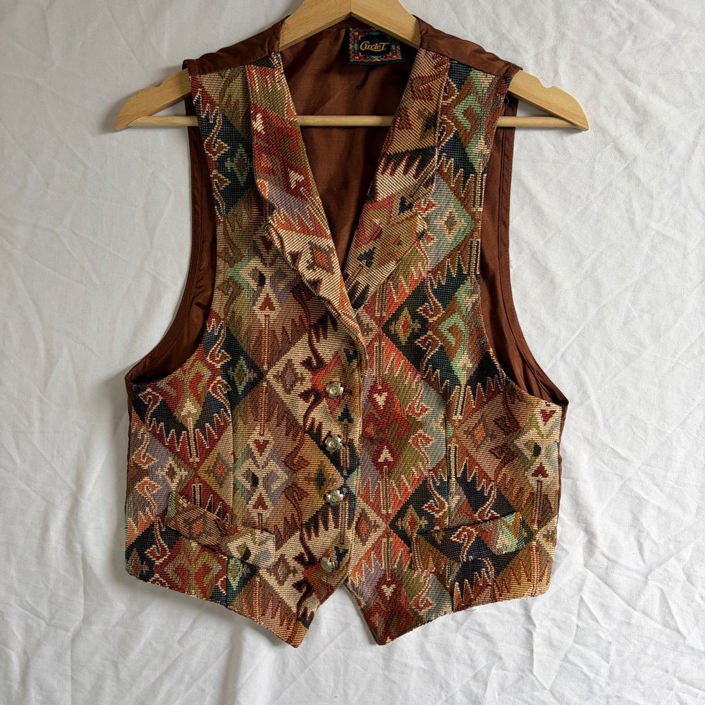 Vintage Circle T Western Geometric Tapestry Silver Button Vest